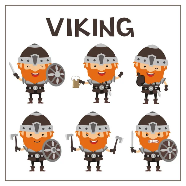 Conjunto Personajes Dibujos Animados Lindos Vikingos Con Barbas Jengibre Cascos — Archivo Imágenes Vectoriales