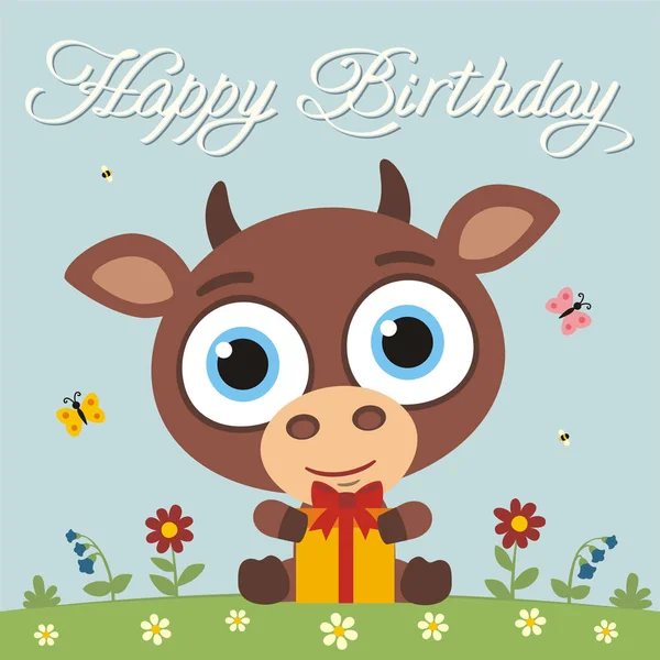 Tarjeta Felicitación Con Lindo Personaje Divertido Dibujos Animados Vaca Con — Vector de stock