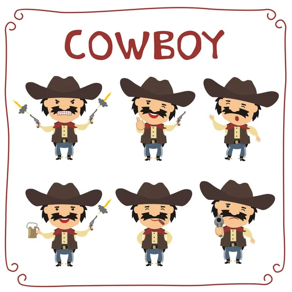 kovboy şapkaları ile farklı duygular içinde şirin komik karikatür karakter kümesi 