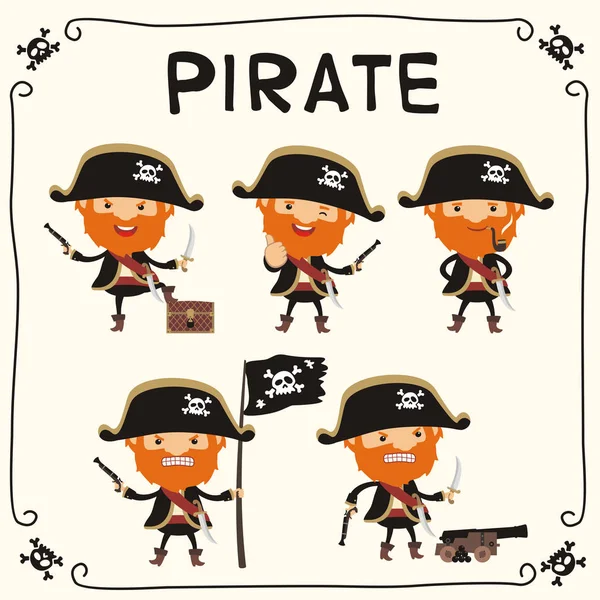 Conjunto Personagens Engraçados Desenhos Animados Piratas Com Barbas Gengibre Chapéus —  Vetores de Stock