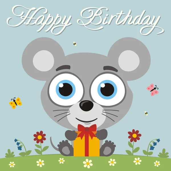 Greeting Card Cute Funny Cartoon Character Mouse Big Eyes Birthday — Stock Vector