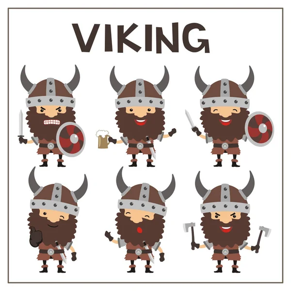 Conjunto Personajes Dibujos Animados Lindos Vikingos Con Barbas Cascos Con — Archivo Imágenes Vectoriales