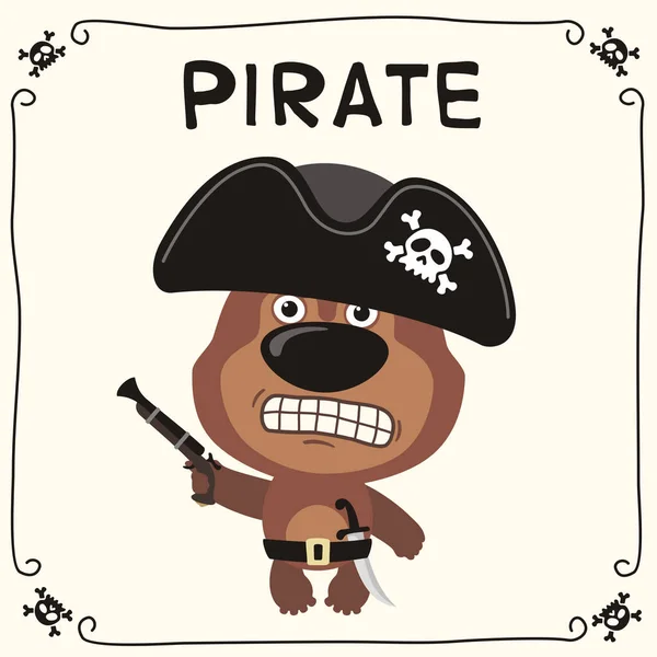 Симпатичный Забавный Мультяшный Персонаж Сердитого Медведя Пиратской Черной Шляпе Ружьем — стоковый вектор