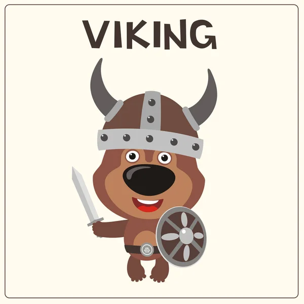 Personagem Desenho Animado Bonito Urso Sorridente Traje Viking Com Capacete —  Vetores de Stock