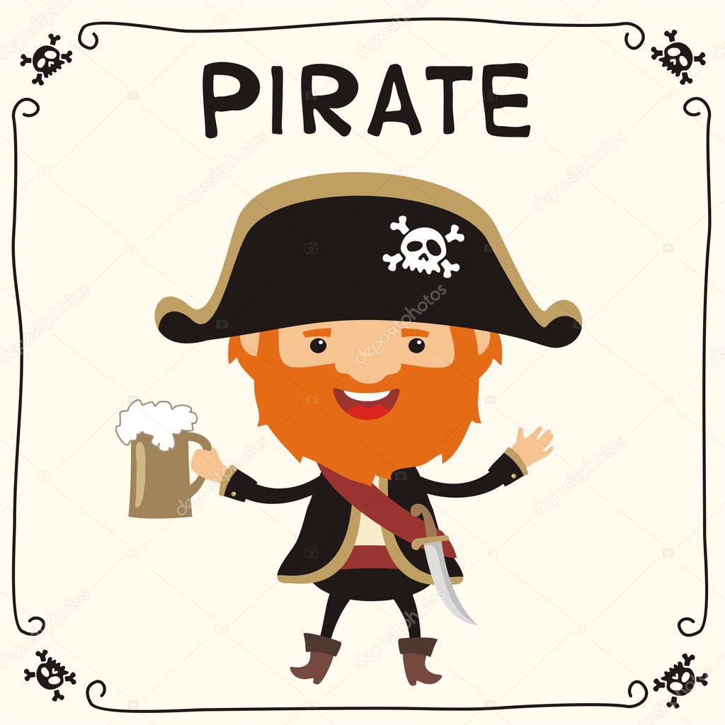cute funny cartoon character of pirate with ginger beard in hat holding beer mug  