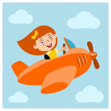 uçağın içinde mavi gökyüzünde uçan karikatür tarzı, küçük kız 