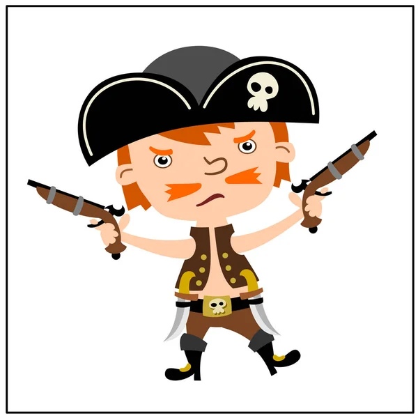2つの銃を保持して黒いコックの帽子でジンジャーの髪と海賊のかわいい面白い漫画のキャラクター — ストックベクタ