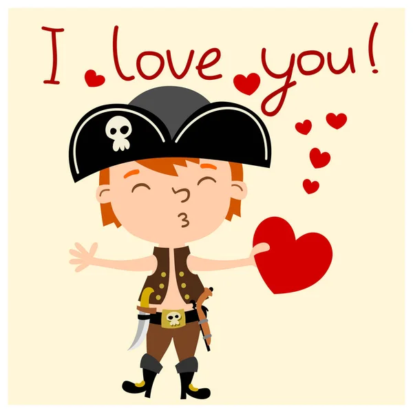 手とテキストで心と海賊の黒い帽子の少年のかわいい面白い漫画のキャラクター私はあなたを愛し ロマンチックなコンセプト — ストックベクタ