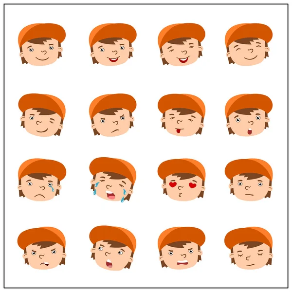 Sada Vtipně Kreslených Postav Chlapcova Obličeje Oranžových Čapích Různé Emoce — Stockový vektor