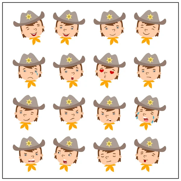 Set Cartoon Characters Boys Cowboy Hats Different Facial Expressions — Stock Vector