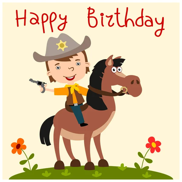 Greeting Card Cute Cartoon Character Cowboy Hat Gun Riding Horse — Stock Vector