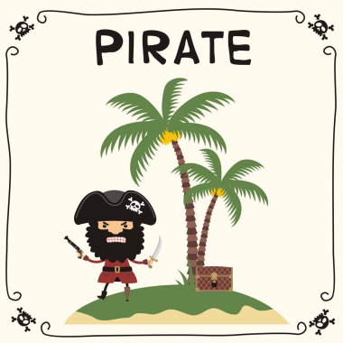 avuç içi ile adada silah ve kılıç ile şapka siyah sakallı kızgın korsan sevimli komik çizgi film karakteri  