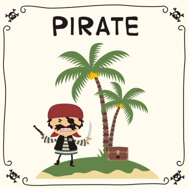 avuç içi ile adada silah ve kılıç ile bandana ve siyah göz yama kızgın korsan sevimli komik çizgi film karakteri 