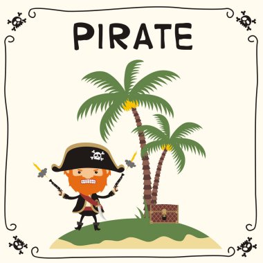 avuç içi ile adada silah ve kılıç ile şapka kırmızı sakallı kızgın korsan sevimli komik çizgi film karakteri  