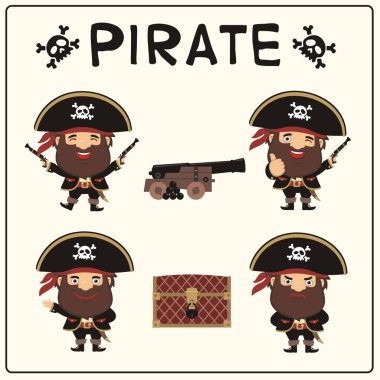 farklı duygular ile şapka kahverengi sakallı korsanların komik çizgi film karakterleri seti 