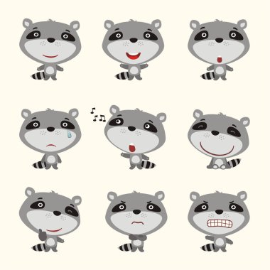 küme karikatür karakter farklı duygular ile küçük komik rakunlar 