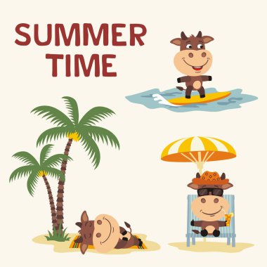 Plajda farklı pozlar yaz zevk sevimli çizgi film karakterleri seti, yaz dinlenme konsepti 