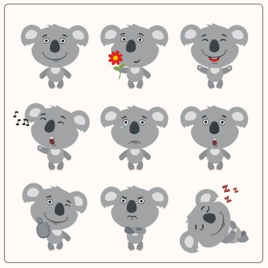 küme karikatür karakter farklı duygular ile küçük komik koalas 