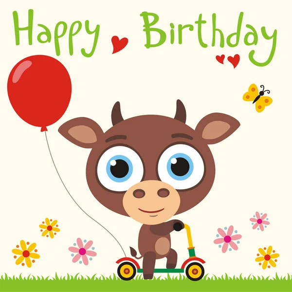 Tarjeta Felicitación Con Lindo Personaje Divertido Dibujos Animados Toro Con — Vector de stock