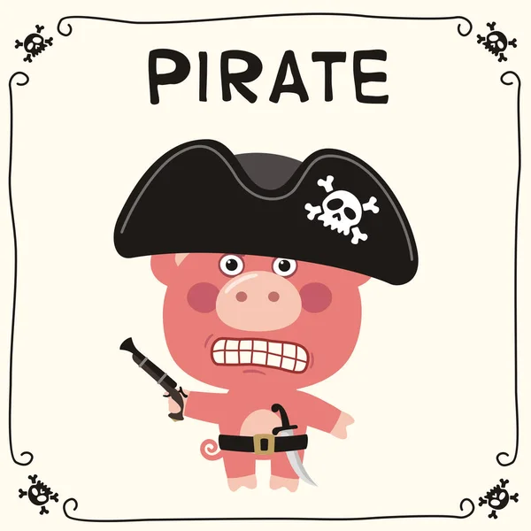 Милый Смешной Мультяшный Персонаж Злой Свиньи Пиратской Черной Шляпе Пистолетом — стоковый вектор