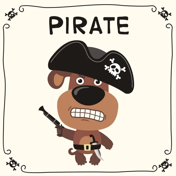 Cute Funny Cartoon Character Angry Dog Pirate Black Hat Gun — Stock Vector