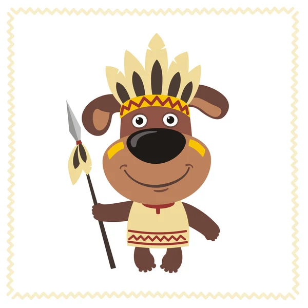 Cartoon Karakter Van Hond American Indian Kostuum Met Speer — Stockvector