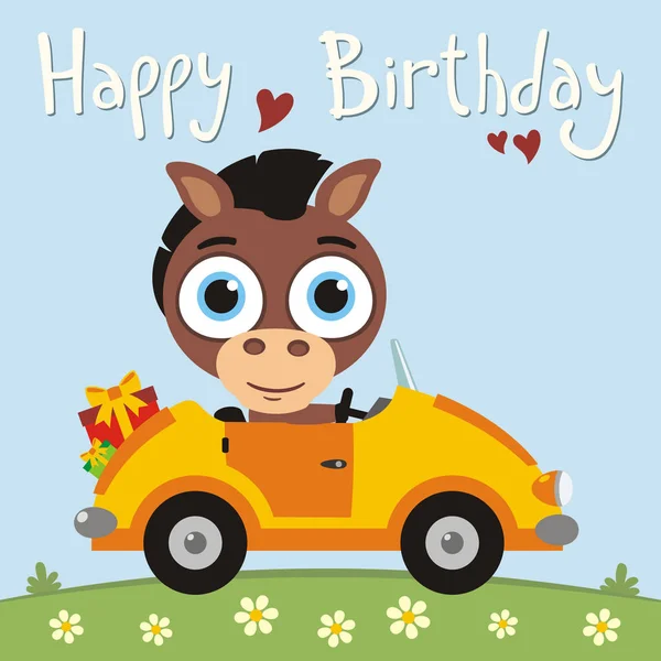 Tarjeta Felicitación Con Lindo Personaje Divertido Dibujos Animados Caballo Con — Vector de stock