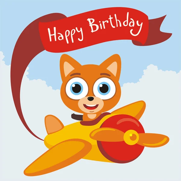 Greeting Card Cute Funny Cartoon Character Fox Airplane Gift Flying — Stock Vector