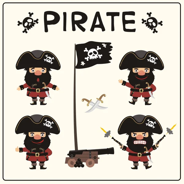 Sada Vtipné Kreslené Postavičky Pirátů Černými Vousy Kloboucích Různými Emocemi — Stockový vektor