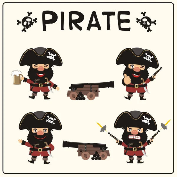 Sada Vtipné Kreslené Postavičky Pirátů Černými Vousy Kloboucích Různými Emocemi — Stockový vektor