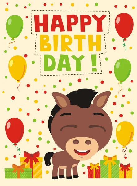 Tarjeta Felicitación Con Lindo Personaje Divertido Dibujos Animados Caballo Feliz — Vector de stock