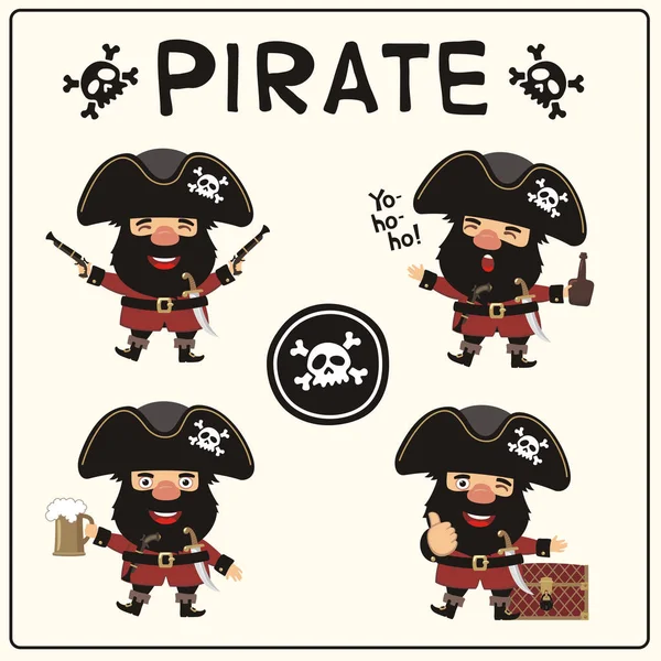 さまざまな感情と帽子に黒ひげを持つ海賊の面白い漫画のキャラクターのセット — ストックベクタ