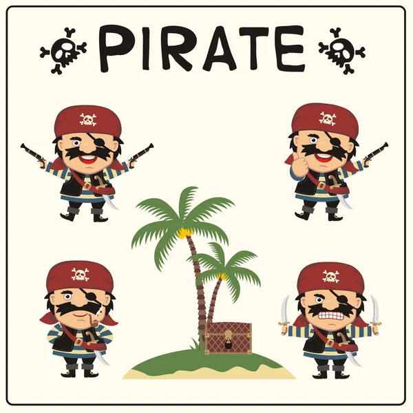 Reihe Lustiger Zeichentrickfiguren Von Piraten Mit Bandanas Und Schwarzen Augenklappen — Stockvektor