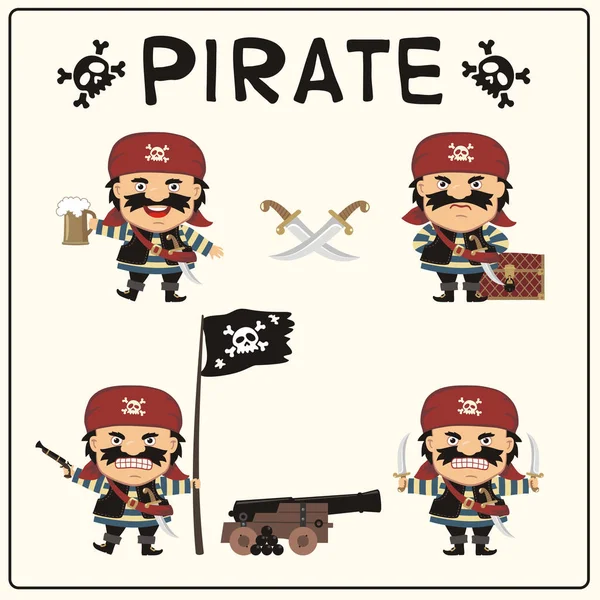 Sada Zábavně Kreslených Postav Pirátů Kapanech Černých Okovech Různými Emocemi — Stockový vektor