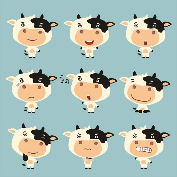 Ensemble Personnages Dessins Animés Petites Vaches Drôles Avec Différentes Émotions — Image vectorielle