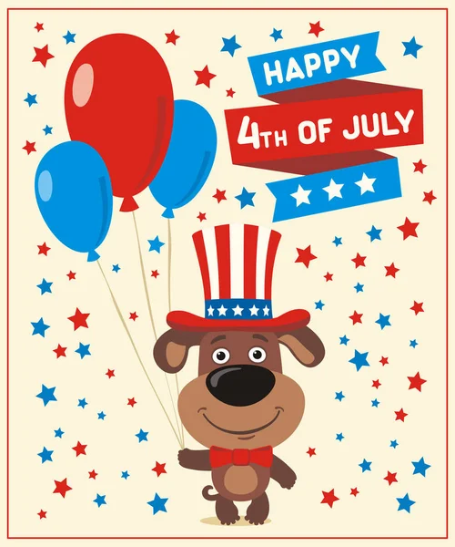 American independence day greeting card with cute funny cartoon character of happy puppy holding balloons near text Fourth of July