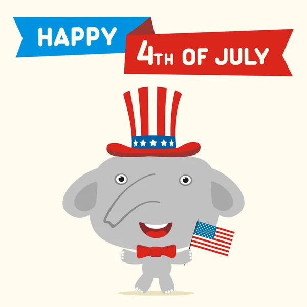 美国独立日贺卡与可爱的搞笑卡通人物的快乐大象在圆柱帽举行国旗附近的文本 7月4日 — 图库矢量图片