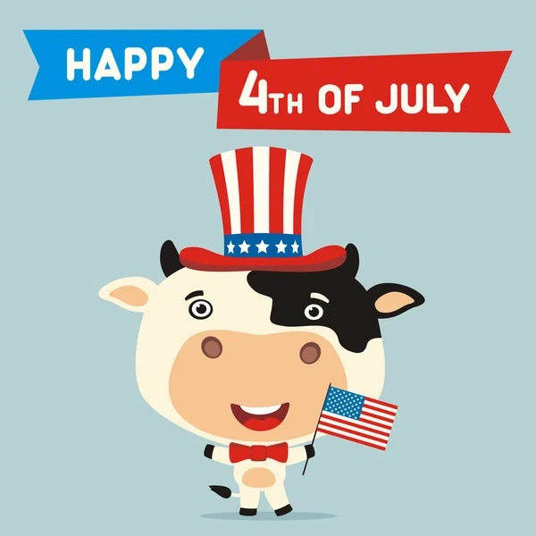 美国独立日贺卡与可爱的搞笑卡通人物的快乐牛在缸帽举行国旗附近的文本 7月4日 — 图库矢量图片