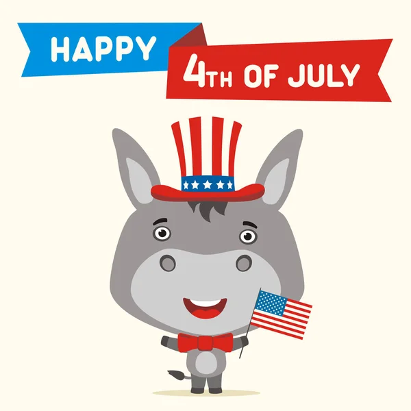 美国独立日贺卡与可爱的搞笑卡通人物的快乐驴在缸帽拿着国旗附近的文本7月4日 — 图库矢量图片