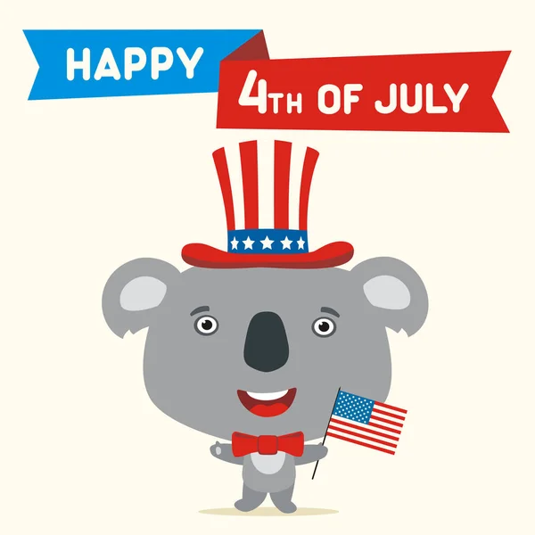 美国独立日贺卡与可爱的搞笑卡通人物的快乐考拉熊在圆柱帽举行国旗附近的文本7月4日 — 图库矢量图片