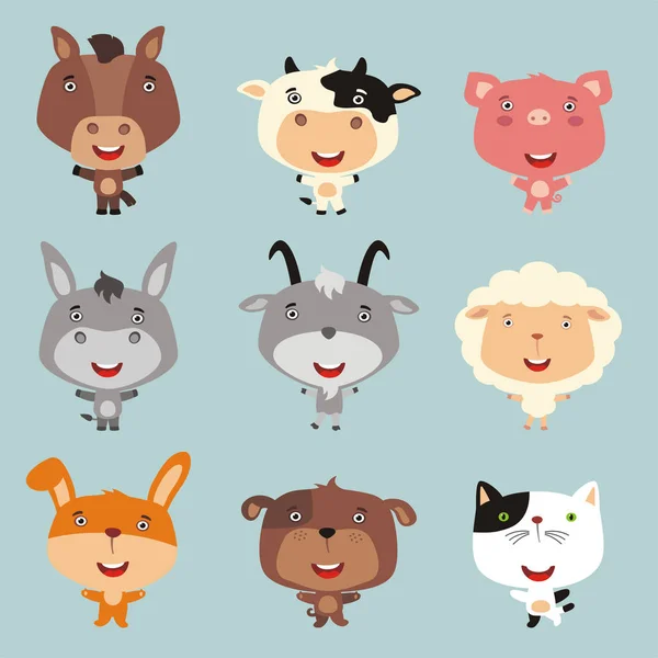 Collection Animaux Mignons Dans Style Dessin Animé Sur Fond Bleu — Image vectorielle