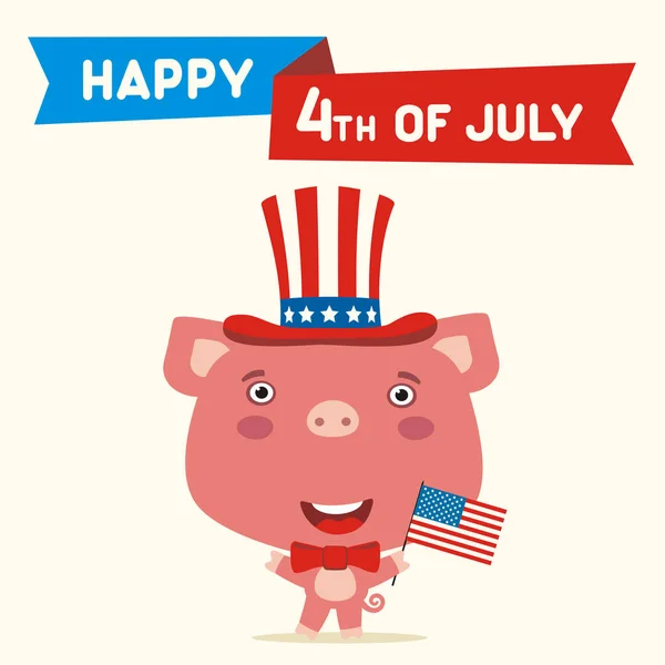 美国独立日贺卡与可爱的搞笑卡通人物的快乐猪在缸帽举行国旗附近的文本 7月4日 — 图库矢量图片