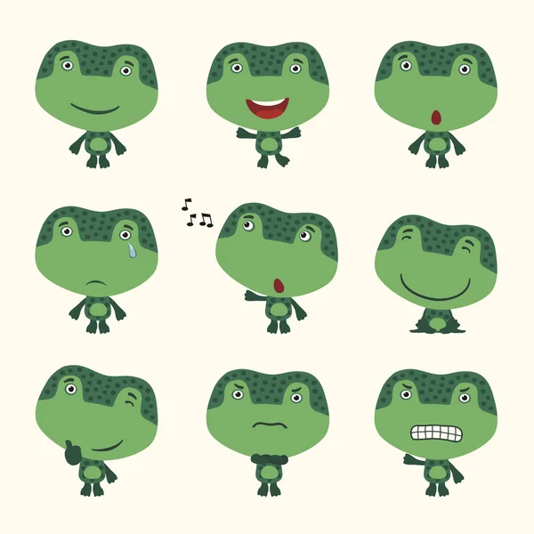 Conjunto Personajes Dibujos Animados Pequeñas Ranas Divertidas Con Diferentes Emociones — Vector de stock