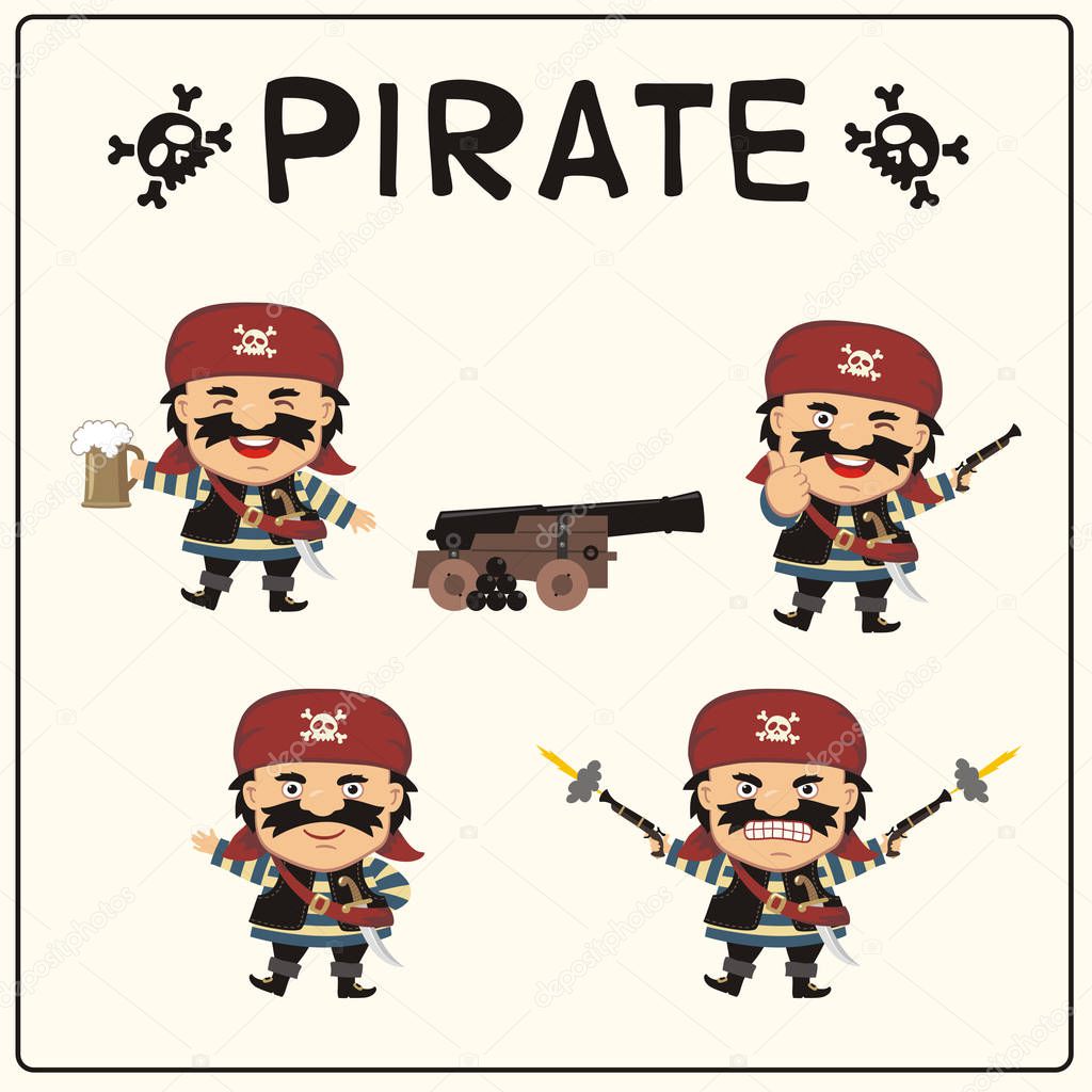 set of funny cartoon characters of pirates in bandanas and black eye patches with different emotions 