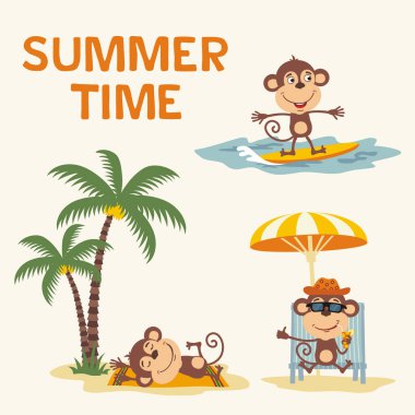 Plajda farklı pozlar yaz zevk maymunların sevimli çizgi film karakterleri seti, yaz dinlenme konsepti 