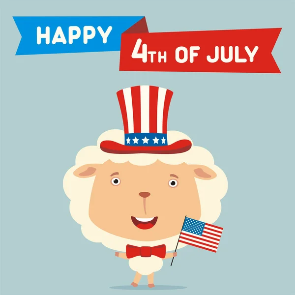 美国独立日贺卡与可爱的搞笑卡通人物的快乐羊在缸帽拿着国旗附近的文字7月4日 — 图库矢量图片