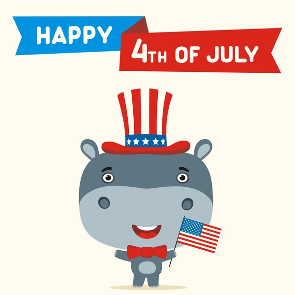 美国独立日贺卡与可爱的搞笑卡通字符的快乐河马在缸帽拿着国旗附近的文本7月4日 — 图库矢量图片