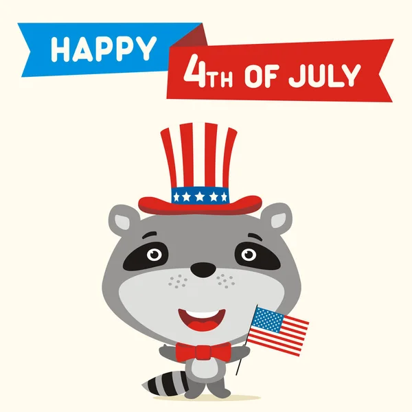 美国独立日贺卡与可爱的搞笑卡通人物的快乐熊在圆柱帽举行国旗附近的文本 7月4日 — 图库矢量图片