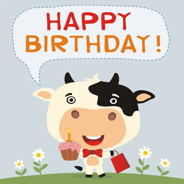 Greeting Card Cute Funny Cartoon Character Cow Cupcake Gift Bag — Stock Vector