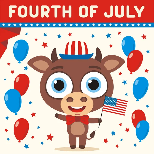 美国独立日贺卡与可爱的搞笑卡通人物的快乐牛拿着国旗附近的气球和文字7月4日 — 图库矢量图片